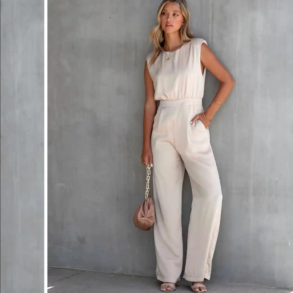 VICI Diva Moments Satin Pocketed Champagne Jumpsuit. NWT
